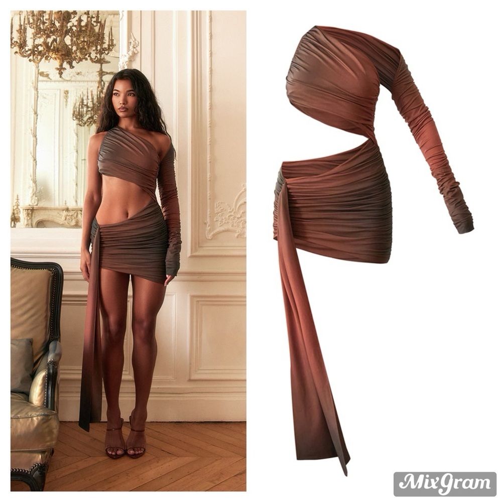 PLT Label Rust Ombre Print Lined Slinky Cut Out Ruched Bodycon Dress